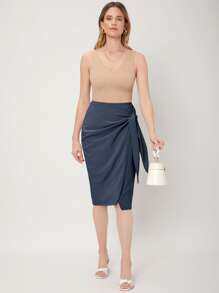 MOTF PREMIUM VISCOSE WRAP KNOTTED SKIRT - Navy Blue - View 9