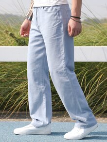 Manfinity 男士拉鏈門襟斜口袋牛仔褲 - 淺色水洗藍 - 查看 4