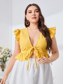 SHEIN Top corto con nudo delantero ribete con fruncido - Amarillo - Ver 1