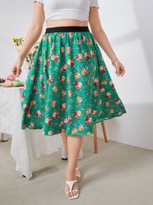 SHEIN Plus Dot & Floral Print Contrast Tape Skirt - Multicolor - View 3
