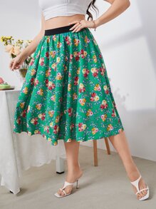 SHEIN Plus Dot & Floral Print Contrast Tape Skirt - Multicolor - View 5