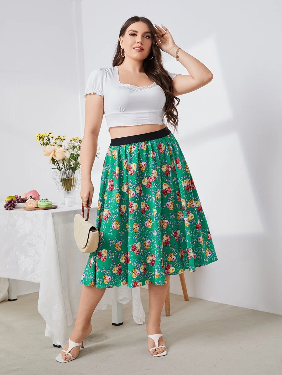 SHEIN Plus Dot & Floral Print Contrast Tape Skirt - Multicolor - View 1
