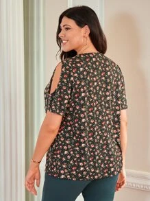 SHEIN Unity Plus Dot & Floral Print Lace Insert Cold Shoulder Tee - Multicolor - View 3