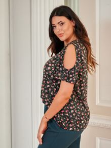 SHEIN Unity Plus Dot & Floral Print Lace Insert Cold Shoulder Tee - Multicolor - View 4