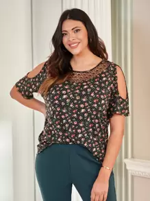 SHEIN Unity Plus Dot & Floral Print Lace Insert Cold Shoulder Tee - Multicolor - View 1