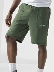 Boyfriend Style Men Letter Embroidered Slant Pockets Sports Shorts - Army Green - View 1