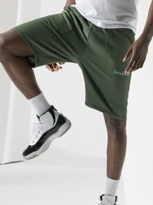 Boyfriend Style Men Letter Embroidered Slant Pockets Sports Shorts - Army Green - View 3