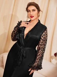 Bata de dormir con encaje en contraste aplique puño con cinturón de satén - Negro - Ver 4