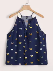 SHEIN LUNE 大碼蝴蝶圖案缺口領吊帶上衣 - 藍色 - 查看 1