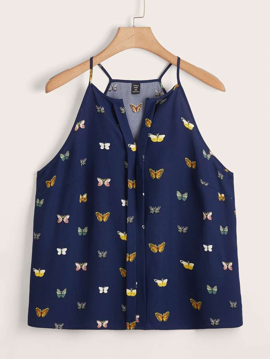 SHEIN LUNE 大碼蝴蝶圖案缺口領吊帶上衣 - 藍色 - 查看 1