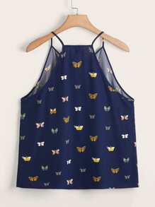 SHEIN LUNE 大碼蝴蝶圖案缺口領吊帶上衣 - 藍色 - 查看 2