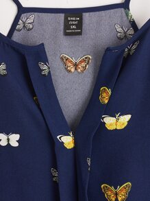 SHEIN LUNE 大碼蝴蝶圖案缺口領吊帶上衣 - 藍色 - 查看 4