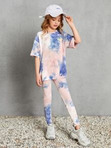 SHEIN 女孩標語圖案紮染上衣和緊身褲套裝