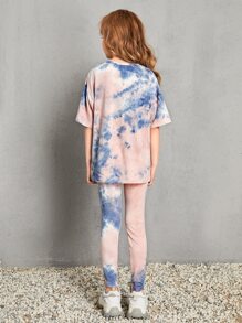 SHEIN 女孩標語圖案紮染上衣和緊身褲套裝