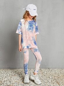 SHEIN 女孩標語圖案紮染上衣和緊身褲套裝