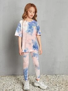 SHEIN 女孩標語圖案紮染上衣和緊身褲套裝