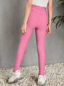 SHEIN Girls Honeycomb Textured Solid Leggings - Pink - View 2