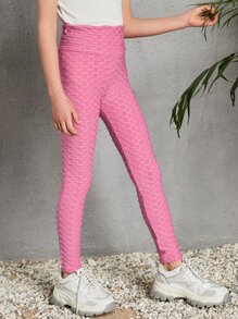 SHEIN Girls Honeycomb Textured Solid Leggings - Pink - View 3