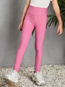 SHEIN Girls Honeycomb Textured Solid Leggings - Pink - View 4