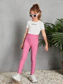 SHEIN Girls Honeycomb Textured Solid Leggings - Pink - View 5