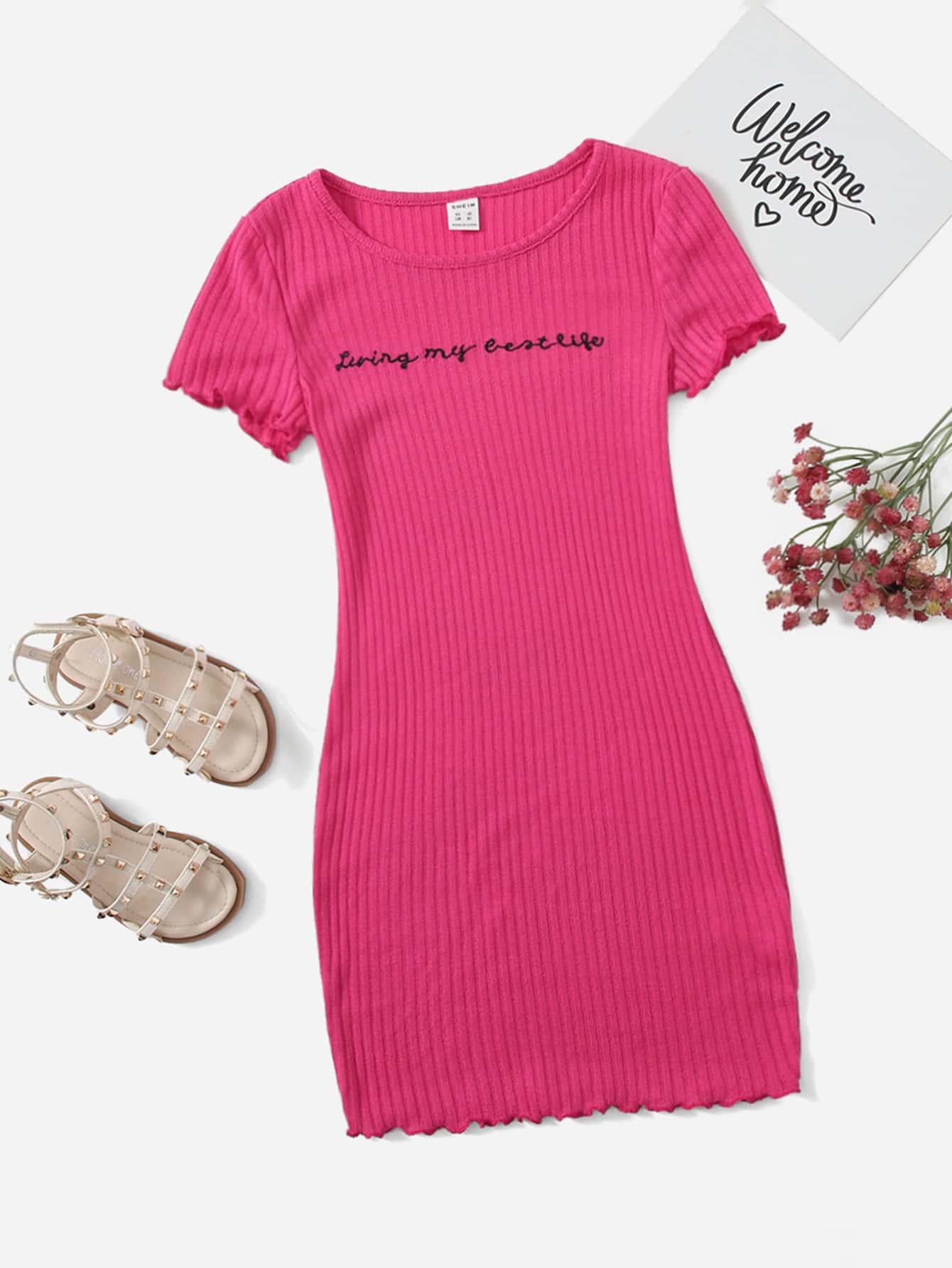 SHEIN Girls Lettuce Trim Embroidery Letter Rib-knit Dress - Hot Pink - View 1