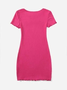 SHEIN Girls Lettuce Trim Embroidery Letter Rib-knit Dress - Hot Pink - View 2