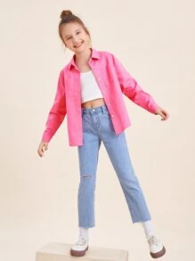 SHEIN 女孩雙口袋前紐扣襯衫 - 玫紅色 - 查看 3