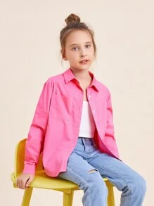 SHEIN 女孩雙口袋前紐扣襯衫 - 玫紅色 - 查看 4