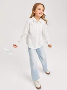SHEIN Leap Crew Blusa informal de manga larga con bolsillo y cierre de botones de diseño minimalista para niñas preadolescentes, ideal para uso diario - Blanco - Ver 1