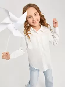 SHEIN Leap Crew Blusa informal de manga larga con bolsillo y cierre de botones de diseño minimalista para niñas preadolescentes, ideal para uso diario - Blanco - Ver 3
