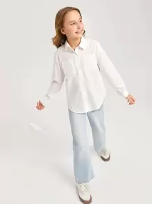 SHEIN Leap Crew Blusa informal de manga larga con bolsillo y cierre de botones de diseño minimalista para niñas preadolescentes, ideal para uso diario - Blanco - Ver 4