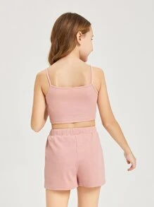 SHEIN Bộ hai mảnh Gái Gân đan màu trơn Giải trí - Màu Hồng baby - Xem 2