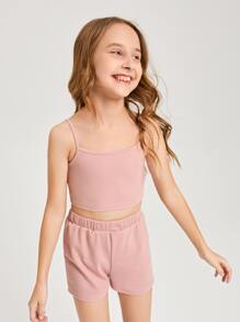 SHEIN Bộ hai mảnh Gái Gân đan màu trơn Giải trí - Màu Hồng baby - Xem 3