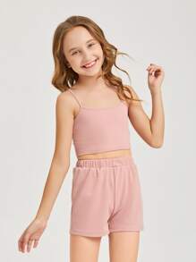 SHEIN Bộ hai mảnh Gái Gân đan màu trơn Giải trí - Màu Hồng baby - Xem 4