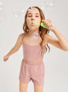 SHEIN Bộ hai mảnh Gái Gân đan màu trơn Giải trí - Màu Hồng baby - Xem 5