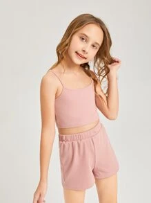 SHEIN Bộ hai mảnh Gái Gân đan màu trơn Giải trí - Màu Hồng baby - Xem 6