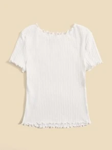 SHEIN 青少女夏季休閒純色短袖萵苣邊點竹節織TEE - 白色 - 查看 2