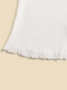 SHEIN 青少女夏季休閒純色短袖萵苣邊點竹節織TEE - 白色 - 查看 3