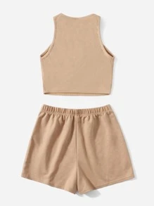 SHEIN Conjunto top tank con estampado de letra con shorts para chicas adolescentes - Camel - Ver 2