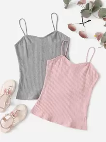 SHEIN 青少年女孩2入組素色吊帶上衣 - 彩色 - 查看 1