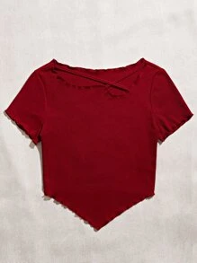 Áo thun nữ Bất đối xứng Hội Chữ thập Xù nhỏ màu trơn Giải trí - Đỏ - Xem 1
