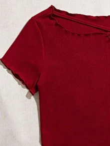 Áo thun nữ Bất đối xứng Hội Chữ thập Xù nhỏ màu trơn Giải trí - Đỏ - Xem 4