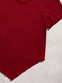 Áo thun nữ Bất đối xứng Hội Chữ thập Xù nhỏ màu trơn Giải trí - Đỏ - Xem 5