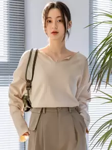 DAZY 缺口领落肩 T 恤，秋季服装长袖女式上衣 - 杏色 - 查看 3