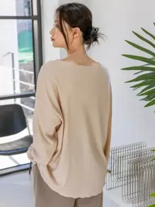 DAZY 缺口领落肩 T 恤，秋季服装长袖女式上衣 - 杏色 - 查看 2