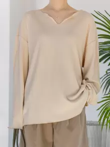 DAZY 缺口领落肩 T 恤，秋季服装长袖女式上衣 - 杏色 - 查看 1