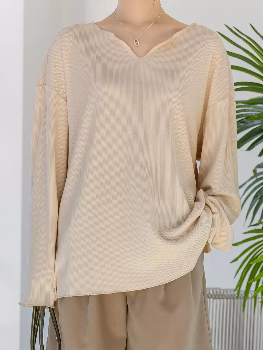 DAZY 缺口领落肩 T 恤，秋季服装长袖女式上衣 - 杏色 - 查看 1