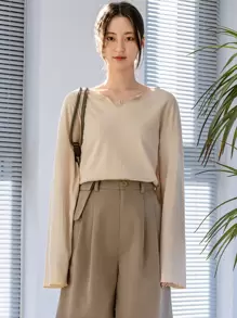 DAZY 缺口领落肩 T 恤，秋季服装长袖女式上衣 - 杏色 - 查看 4