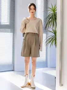 DAZY 缺口领落肩 T 恤，秋季服装长袖女式上衣 - 杏色 - 查看 6