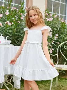 SHEIN Niñas Vestido ribete con bordado con ojal con fruncido bajo con fruncido - Blanco - Ver 1